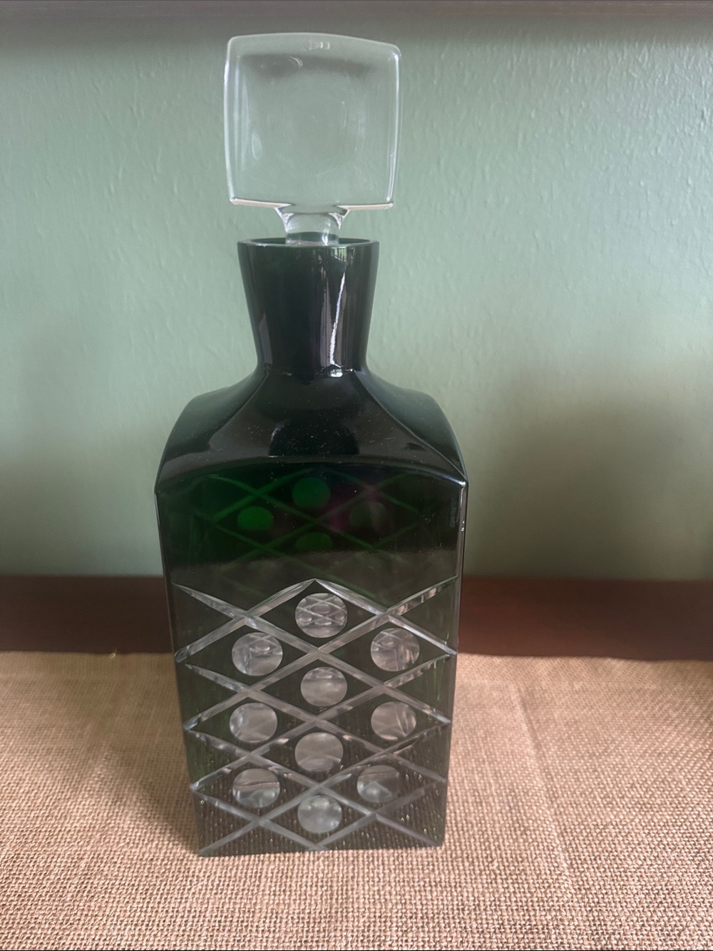World Market Green Cut Glass Decanter Square Stopper MCM Style Barware”